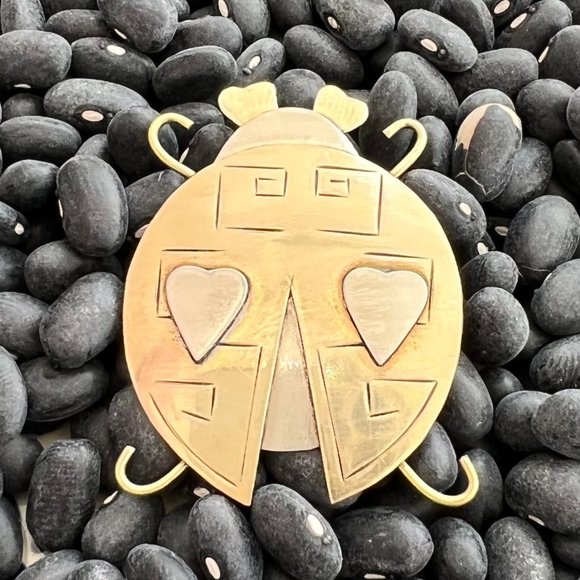 Vintage Brass and Silver Tone Etched Heart Ladybug Brooch - Picture 2 of 7